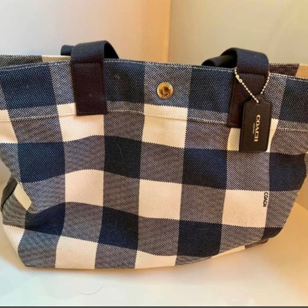 Navy Plaid Coach Tote